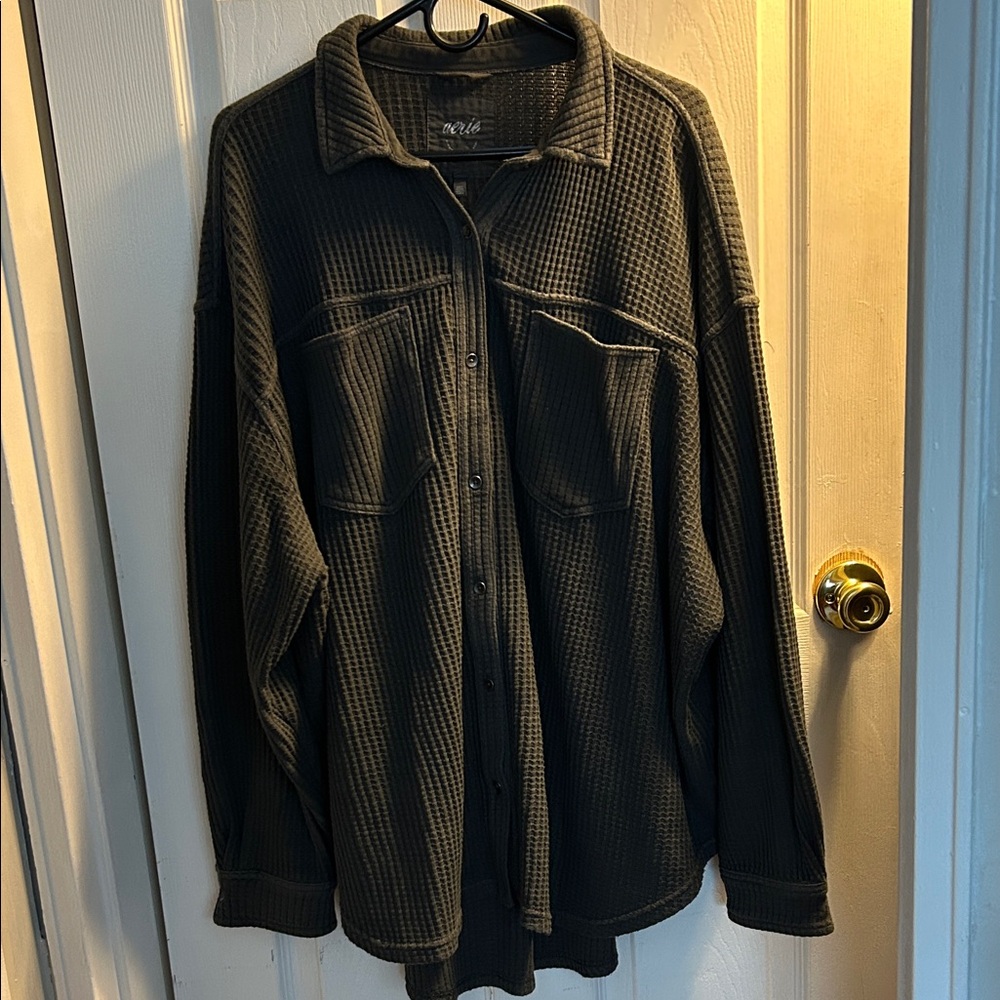 Gray Waffle Knit Button-Up Shirt